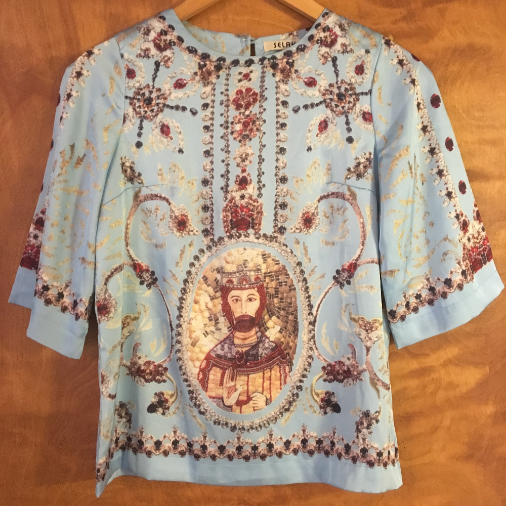 Unique blue with jewel print silky blouse - EUC